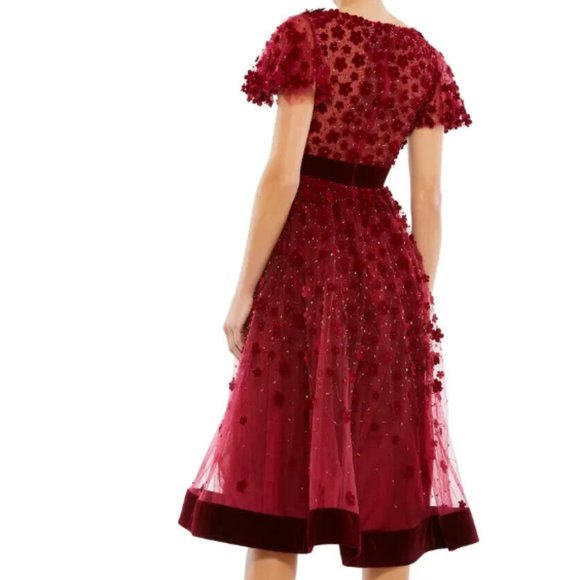 MAC DUGGAL FLORAL APPLIQUE VELVET COCKTAIL MIDI RED/BURGUNDY DRESS sz 8 - Picture 2 of 3